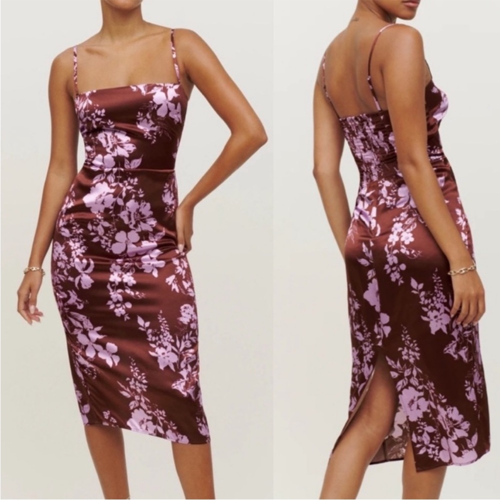 Reformation Floral Satin Midi Dress in Brown and Pink